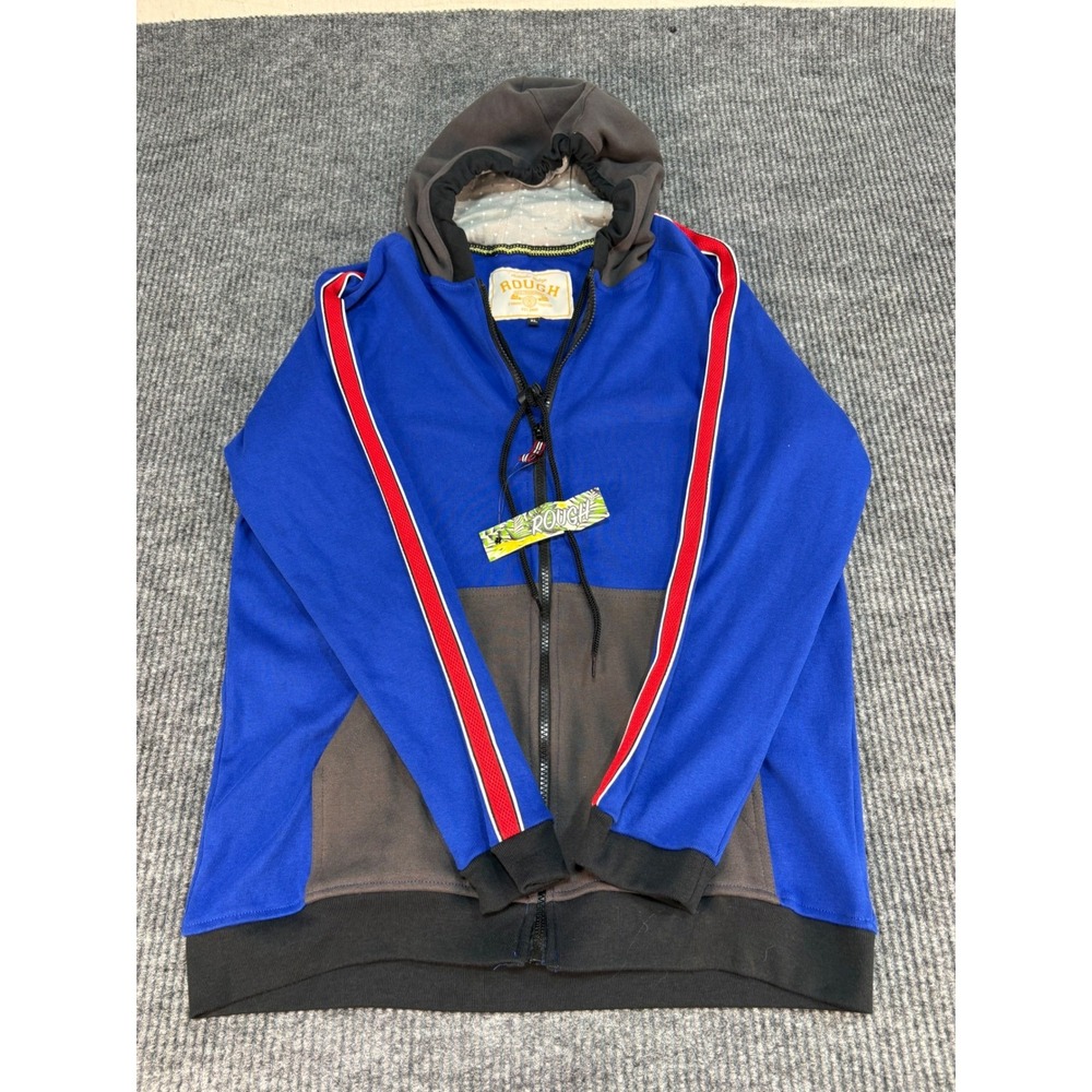 Y2K Rough Authentic Vintage Mens Blue Colorblock Zip Hoodie XL Racing Stripe